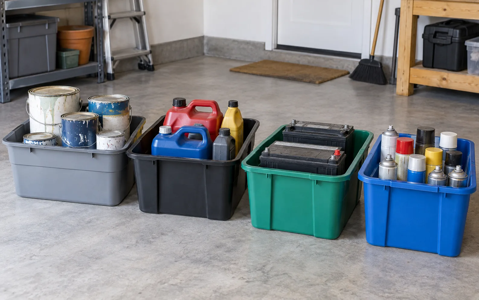 Illustrative household hazardous products separated in sturdy bins